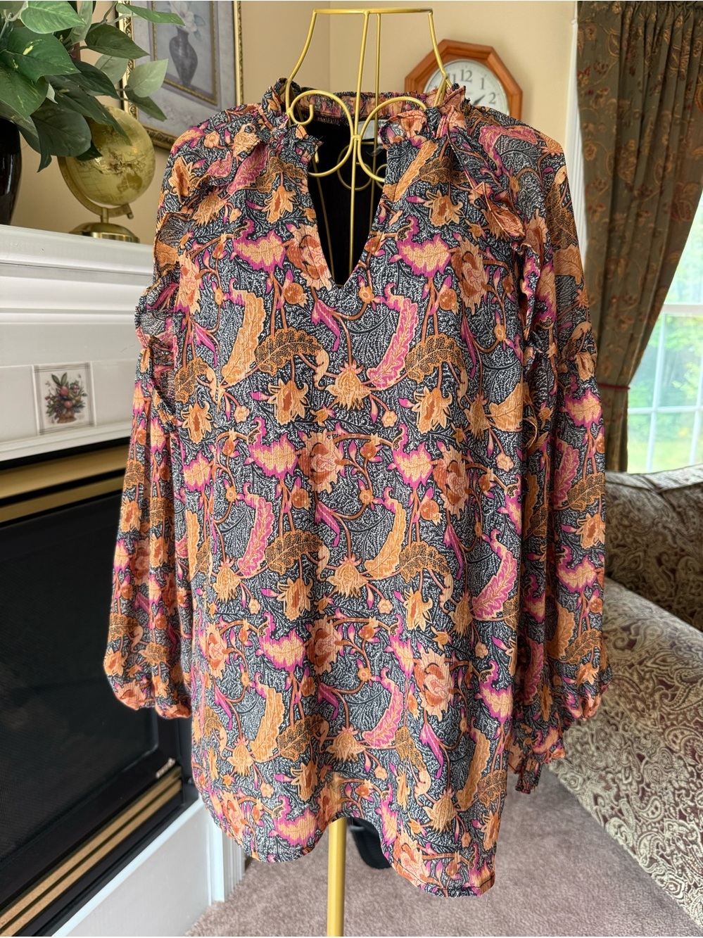 Large Boho Floral V-Neck Blouse - fall colors with gold threads lined